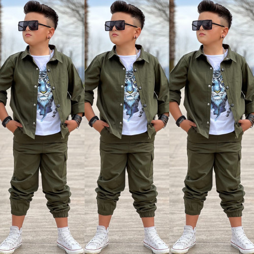 GABARDİN GÖMLEK KARGO CEP PANTOLON ve KAPLAN BASKILI TSHIRT 3 PARÇA ERKEK ÇOCUK TAKIM