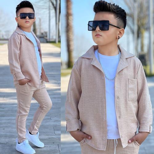 KOL KATLAMALI KETEN GÖMLEK & BELİ LASTİKLİ KETEN PANTOLON & PAMUKLU TSHIRT & ZİNCİR AKSESUAR 4LÜ KETEN ERKEK ÇOCUK TAKIM