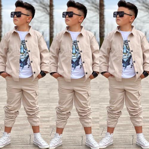 GABARDİN GÖMLEK KARGO CEP PANTOLON ve KAPLAN BASKILI TSHIRT 3 PARÇA ERKEK ÇOCUK TAKIM