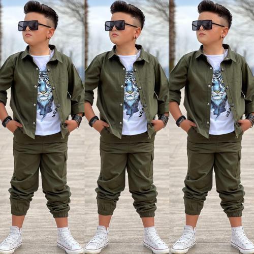 GABARDİN GÖMLEK KARGO CEP PANTOLON ve KAPLAN BASKILI TSHIRT 3 PARÇA ERKEK ÇOCUK TAKIM