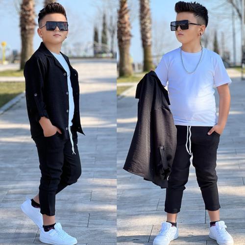 KOL KATLAMALI KETEN GÖMLEK & BELİ LASTİKLİ KETEN PANTOLON & PAMUKLU TSHIRT & ZİNCİR AKSESUAR 4LÜ KETEN ERKEK ÇOCUK TAKIM