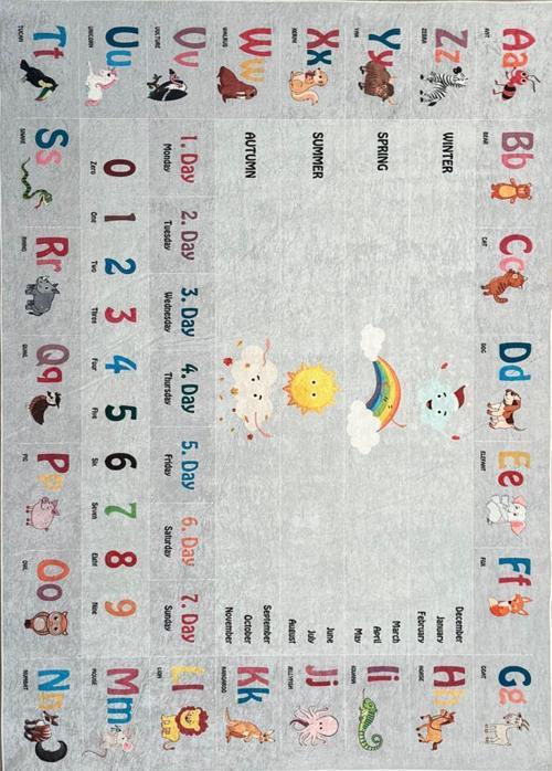 İngilizce Figürlü Eğitici oyun Halısı Çocuk Bebek Odası Gri Renkli Yıkanabilir Kaymaz Taban Halı