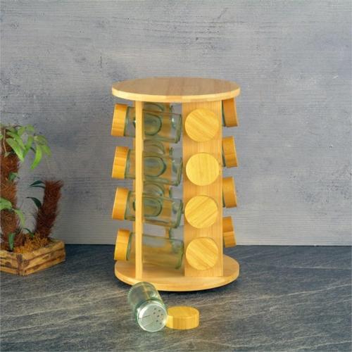 Bambu standlı basic cam tuzluk - 16 lı tuzluk biberlik baharatlık yuvarlak 125 ml.