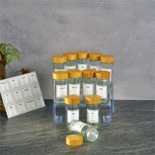 Basic cam tuzluk - 12 li tuzluk biberlik baharatlık bambu kapaklı 90 ml.etiketli