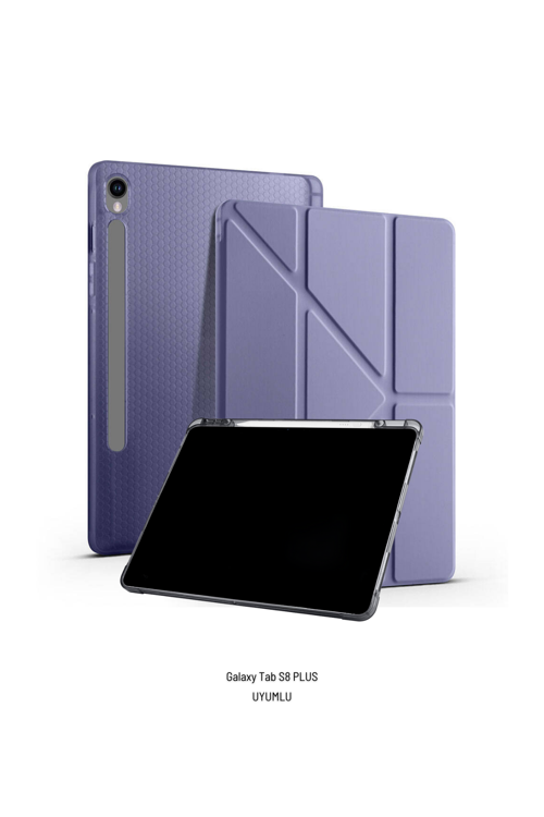 Galaxy Tab S8 Plus Uyumlu Kalem Bölmeli Standlı Fuchsia Trifolding Tablet Kılıfı