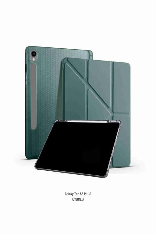 Galaxy Tab S8 Plus Uyumlu Kalem Bölmeli Standlı Fuchsia Trifolding Tablet Kılıfı