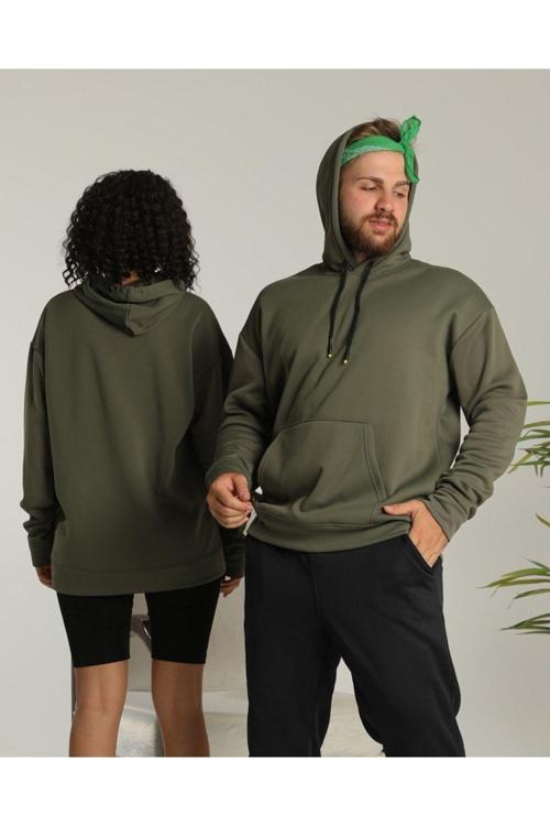 Sevgili Çift Kombini Unisex Oversize 2 Iplik Haki Sweatshirt