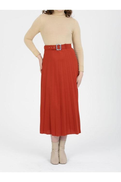 Kadın Kemerli Pileli Etek Tarçın