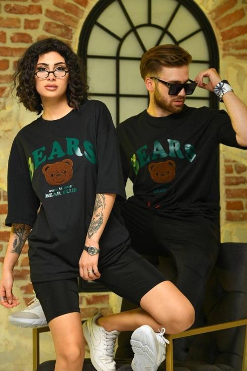 Sevgili Kombini Çift Unisex Oversize Nakışlı Siyah