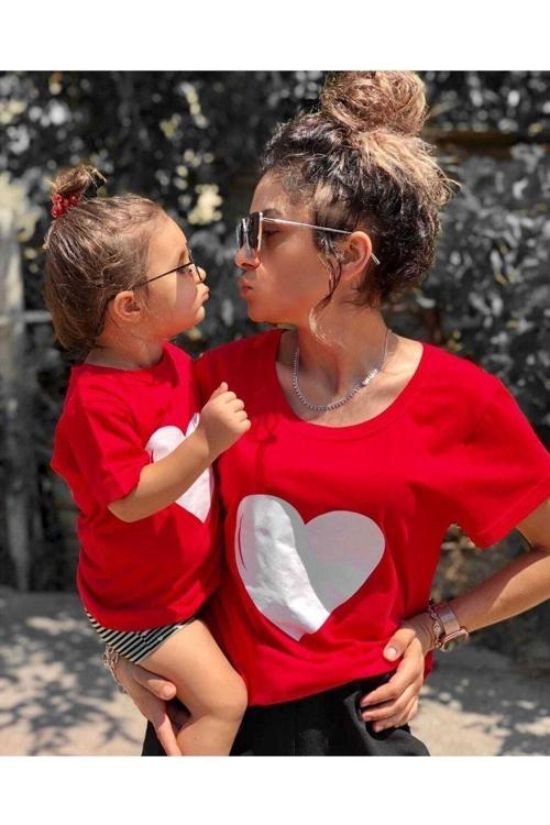 Anne Kız Çocuk Kombin Kırmızı Tişört