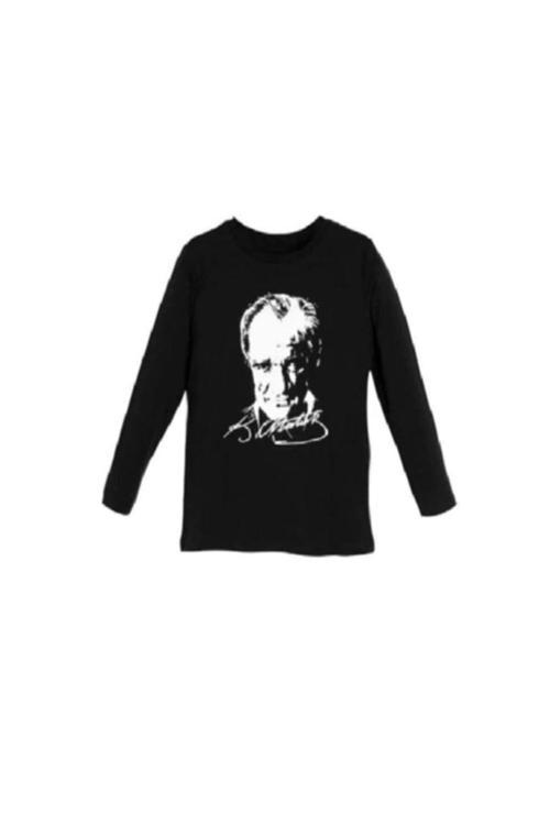 Atatürk Baskı Uzun Kollu Siyah T-Shirt
