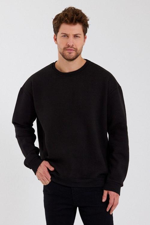 Unisex Üç Iplik Triko Oversize Bisiklet Yaka Siyah