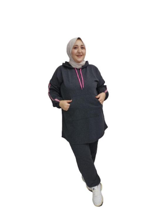 Büyük Beden Tesettür Oversize Model Antrasit Pembe Fosforlu Eşofman Takımı