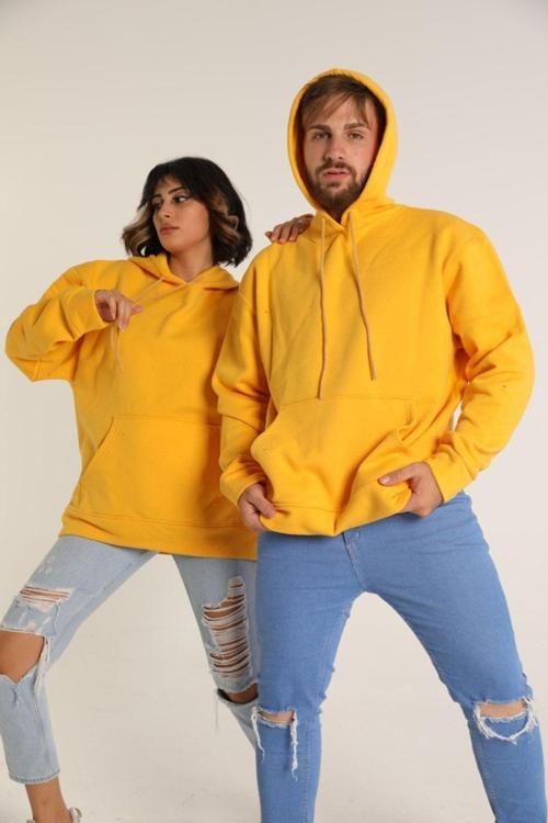 Sevgili Kombini Çift Ovarsize Kapşonlu Üç Iplik Sweatshirt Sarı