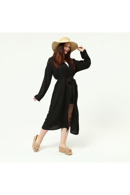 Kadın Bej Ayrobin Kuşaklı Kimono&Kaftan Siyah
