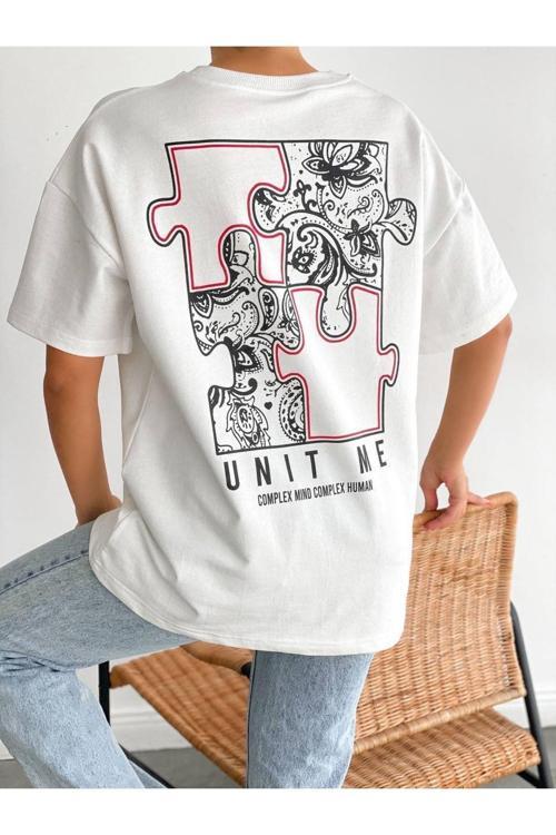 Unisex Yap-Boz Baskı Tişört Beyaz