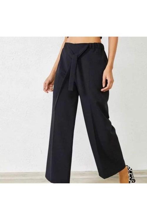 Kadın Kemerli Double Paça Pantolon Siyah