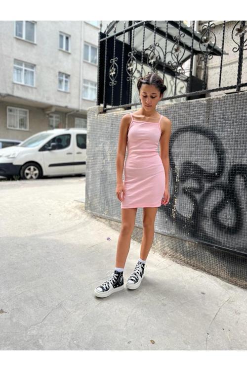 Siyah Genç Bisiklet Yaka Ip Askılı Triko Elbise