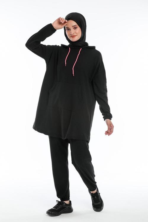 Tesettür Siyah Pembe Fosforlueşofman Takımı