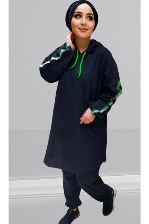 Unisex Tesettür Siyah Yeşil Fosforlu Eşofman Takımı