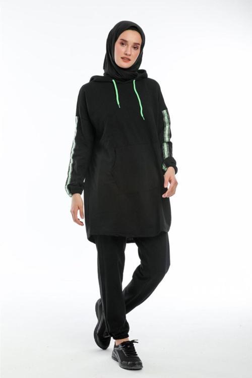 Oversize Model Siyah Yeşil Fosforlu Tesettür Eşofman Takımı