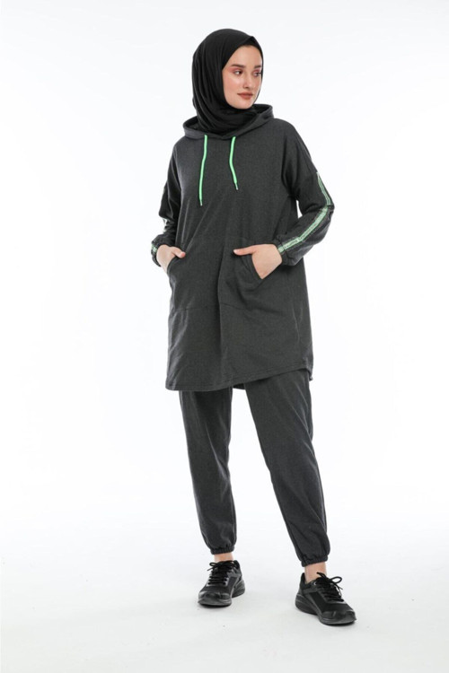 Oversize Model Antrasit Yeşil Fosforlu Tesettür Eşofman Takımı