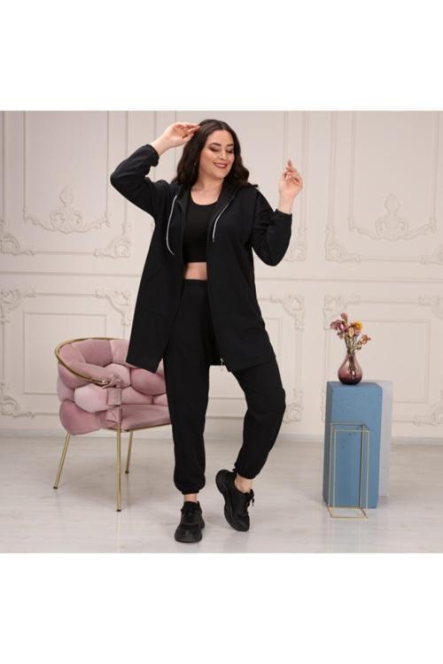 Büyük Beden Tomy Fermuarlı Kapüşonlu Eşofman Takımı Siyah