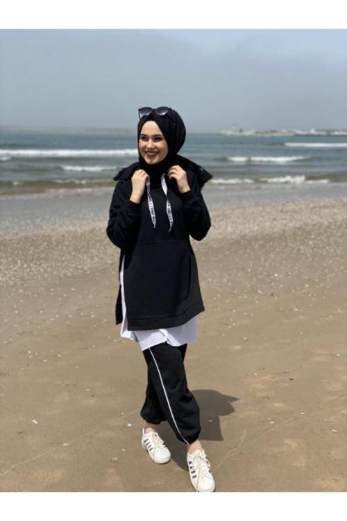 Beyaz Tişörtlu Siyah Tesettür Eşofman Takımı