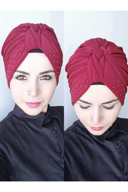 Tesettür Inci Düğüm Bone Bordo