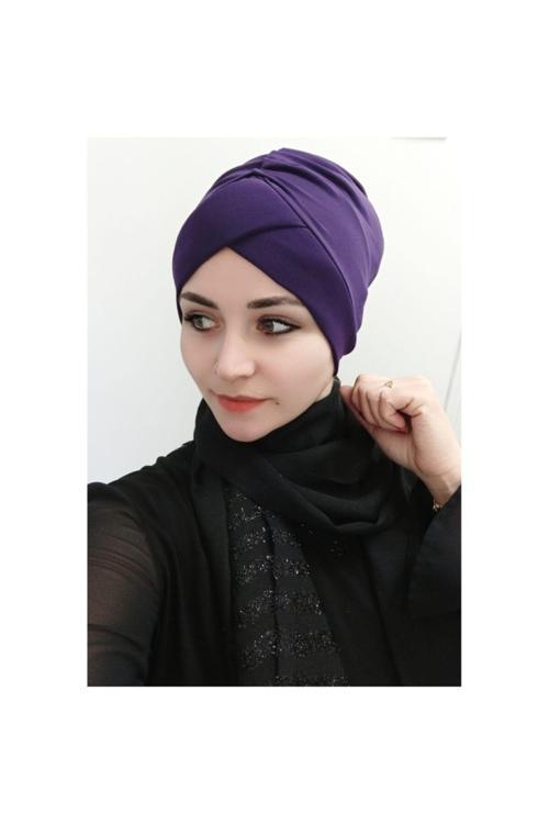 Kadın Tesettür Çapraz Bone Mor