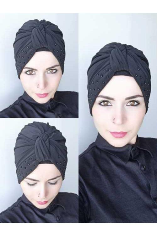 Kadın Siyah Tesettür Inci Düğüm Bone