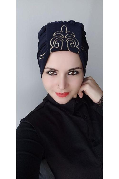 Kadın Şal Desen Işleme Çift Taraflı Bone Lacivert