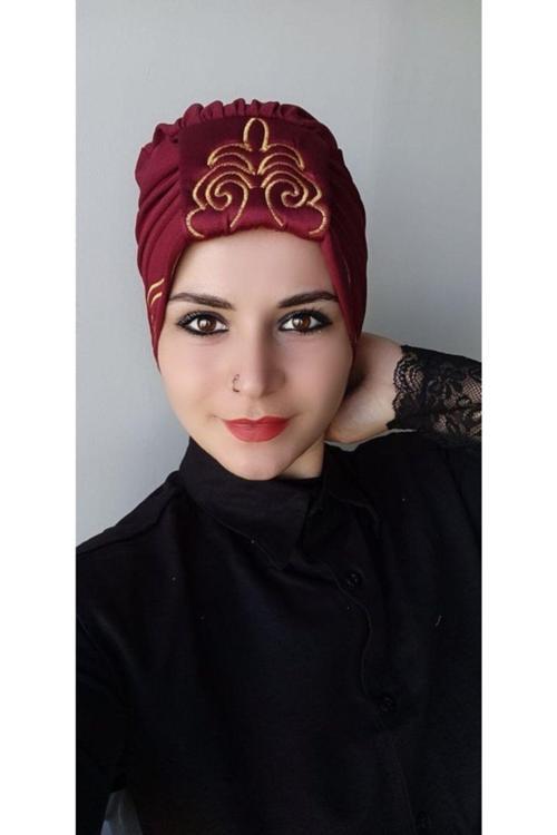 Kadın Şal Desen Çift Taraflı Bone Bordo