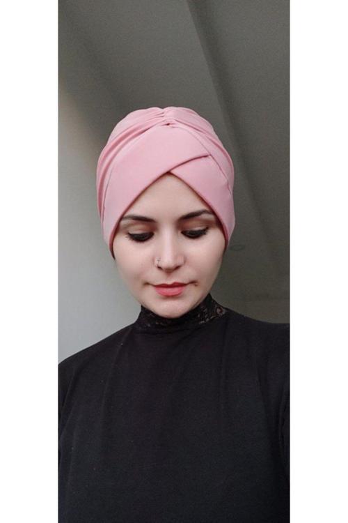 Kadın Tesettür Çapraz Bone Pudra