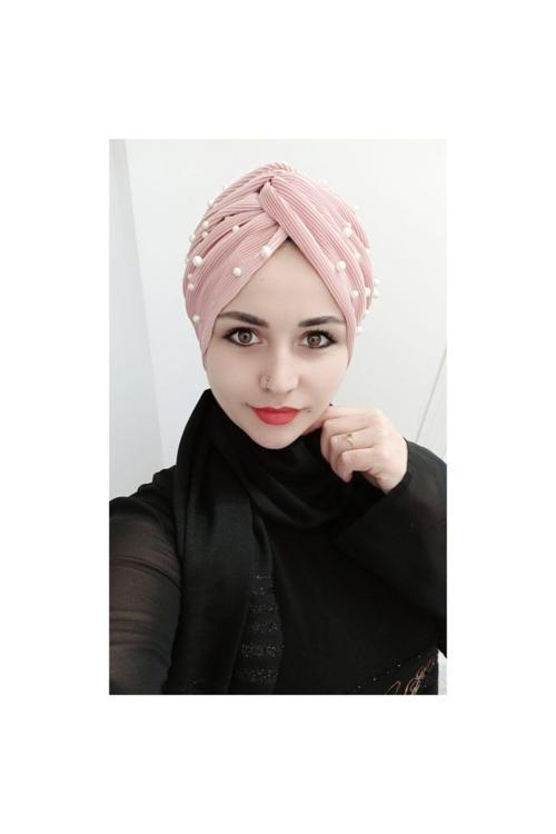 Pliseli Incili Düğüm Bone Gül Kurusu