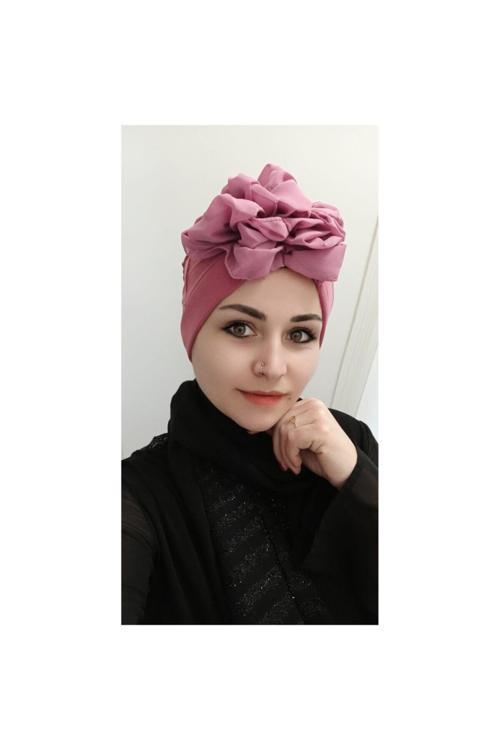 Kadın Tesettür Şerit Detaylı Çift Taraflı Bone Gülkurusu