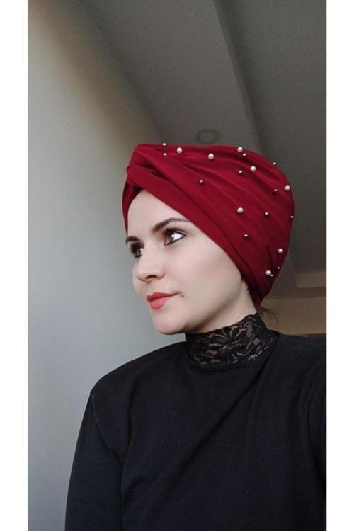 Kadın Incili Dolama Bone Kırmızı