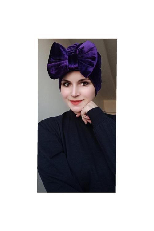Kadın Tesettür Kadife Fiyonklu Bone Mor
