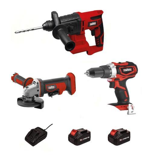 3'Lü  Makina 2 Akülü Set 18V 4.0Ah ( Kömürsüz Darb. Matkap + Kömürsüz Avuç Taşlama Makinesi + Kırıcı Delici )