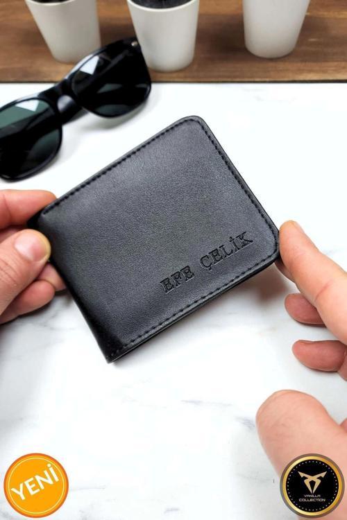 Siyah Deri Cüzdan Isim Baskılı Çift Para Bölmeli 8 Kart Kapasiteli Kutulu Unisex Model