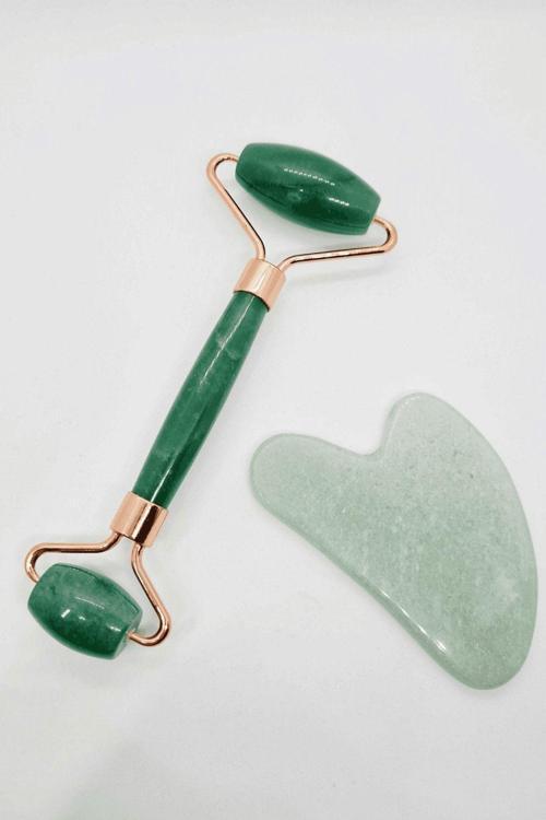 Sertifikalı Aventurin Masaj Taşı Roller Ve Aventurin Taşı Gua Sha (kalp Tasarımlı) Set