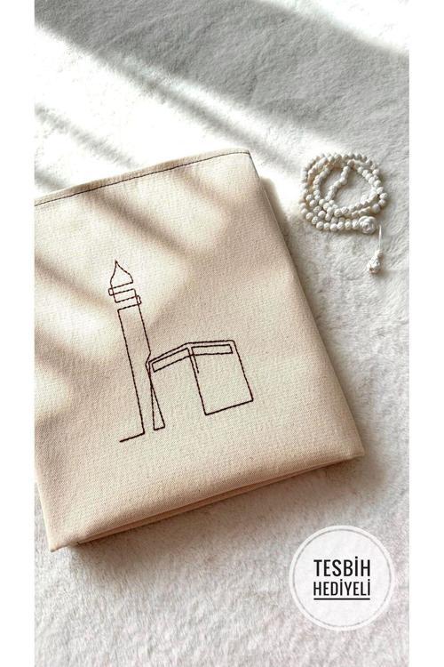 Minimal Kabe Işlemeli Keten Seccade Namazlık - Çeyizlik Hediyelik Çanta Seccadesi 63x110 cm