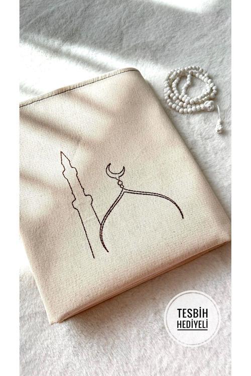 Minimal Nakış Işlemeli Keten Seccade Namazlık - Çeyizlik Hediyelik Çanta Seccadesi 65x115 cm