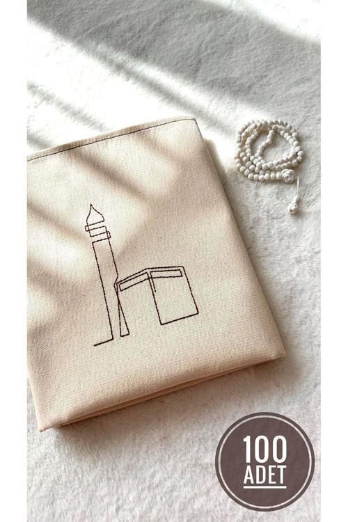 100 Adet - Minimal Kabe Işlemeli Keten Seccade Namazlık - Çeyizlik Çanta Seccadesi 65x115 cm