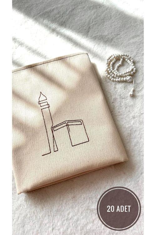 20 Adet - Minimal Kabe Işlemeli Keten Seccade Namazlık - Çeyizlik Hediyelik Çanta Seccadesi 65x115 cm