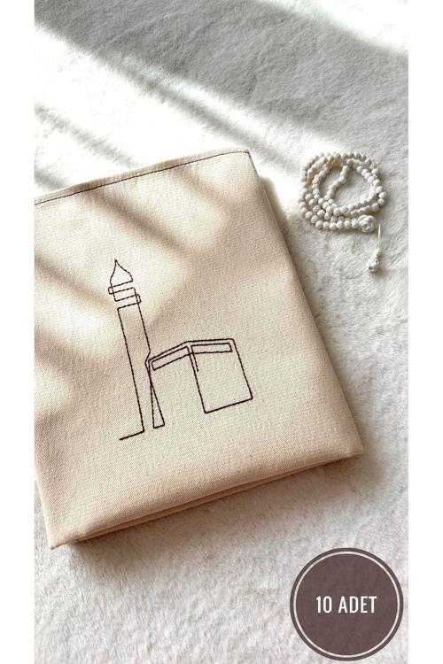 10 Adet - Minimal Kabe Işlemeli Keten Seccade Namazlık - Çeyizlik Hediyelik Çanta Seccadesi 65x115 cm