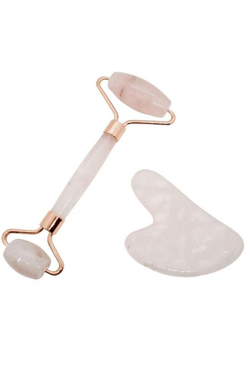 Sertifikalı Pembe Kuvars Masaj Taşı Roller Ve Pembe Kuvars Taşı Gua Sha (kalp Tasarımlı) Set