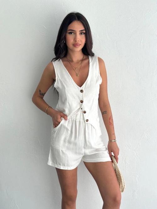 Kadın keten şort yelek takım s3461