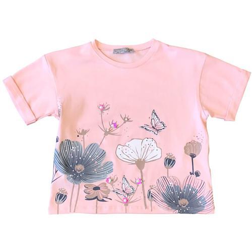 Kız Çocuk Çiçek Baskılı  Taş Detaylı Tshirt