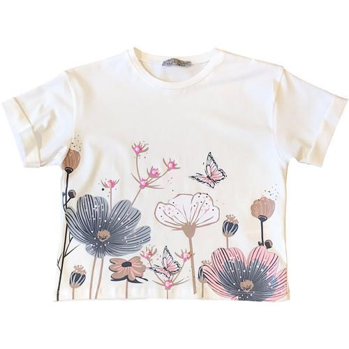 Kız Çocuk Çiçek Baskılı  Taş Detaylı Tshirt